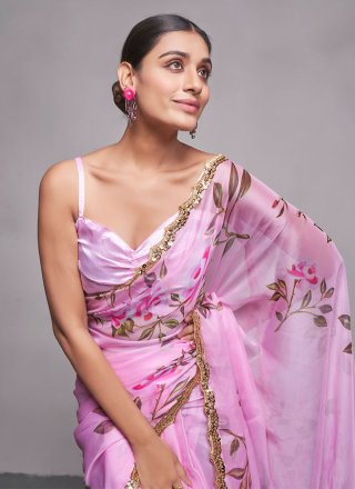 Pink Organza Contemporary Sari with Print Work