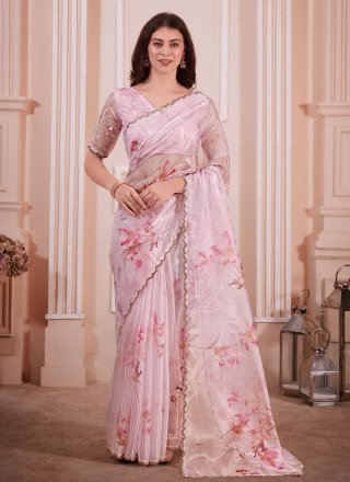 Pink Organza Digital Print, Hand and Zircon Work Classic Sari for Ceremonial