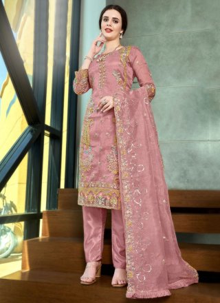 Pink Organza Embroidered and Moti Work Salwar Suit for Women