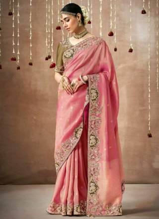 Pink Organza Embroidered Work Bollywood Saree