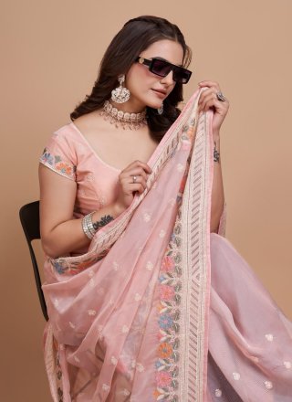Pink Organza Embroidered Work Classic Sari for Women