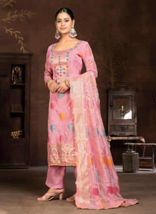 Pink Organza Hand and Woven Work Palazzo Salwar Suit