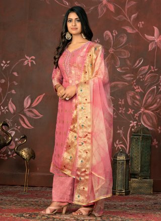 Pink Organza Hand and Woven Work Palazzo Salwar Suit for Ceremonial