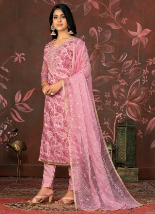 Pink Organza Hand and Woven Work Pant Style Suit