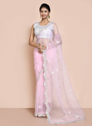 Pink Organza Hand Work Contemporary Sari for Ceremonial
