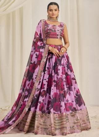 Pink Organza Lehenga Choli with Dori, Print, Sequins and Zari Work for Women