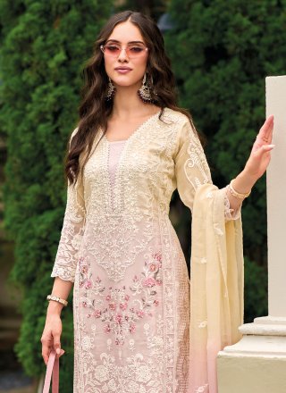 Pink Organza Salwar Suit with Embroidered and Sequins Work for Women