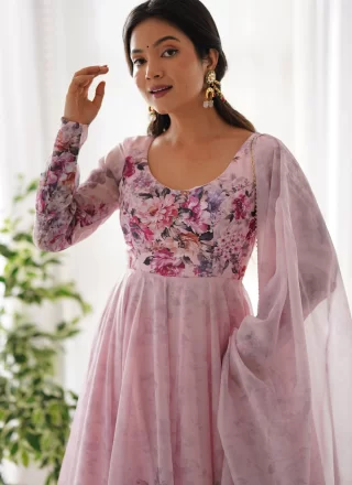 Pink Organza Salwar Suit with Print Work