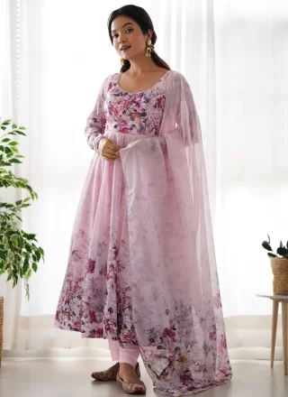 Pink Organza Salwar Suit with Print Work