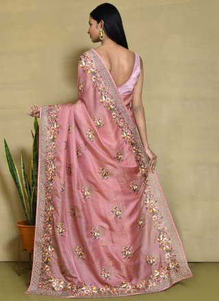 Pink Organza Trendy Saree with Embroidered, Stone and Thread Work