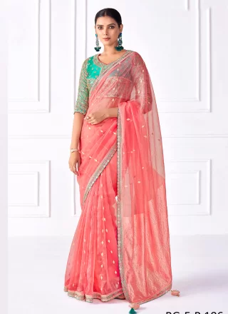 Pink Organza Trendy Saree with Patch Border, Embroidered and Woven Work for Engagement