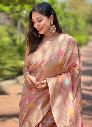 Pink Organza Weaving Work Trendy Saree for Festival