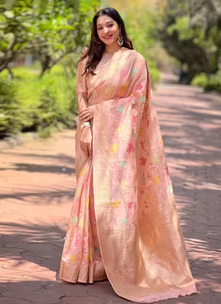 Pink Organza Weaving Work Trendy Saree for Festival