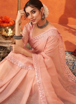 Pink Patch Border, Embroidered and Sequins Work Cotton Silk Classic Sari