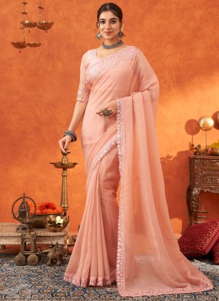 Pink Patch Border, Embroidered and Sequins Work Cotton Silk Classic Sari