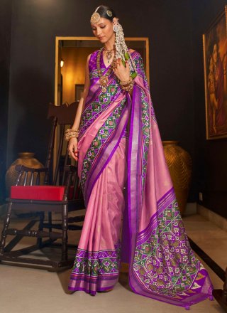 Pink Patola Print Work Silk Contemporary Saree