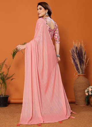 Pink Plain Work Polyester Traditional Saree