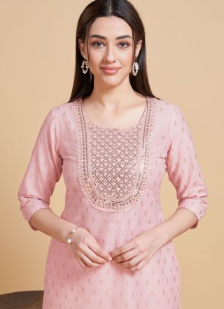 Pink Polyester Sequins and Thread Work Party Wear Kurti