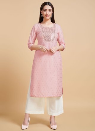 Pink Polyester Sequins and Thread Work Party Wear Kurti