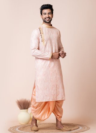 Pink Print Work Cotton Dhoti Kurta