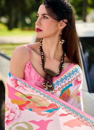 Pink Pure Crepe Classic Saree with Abstract Print Work