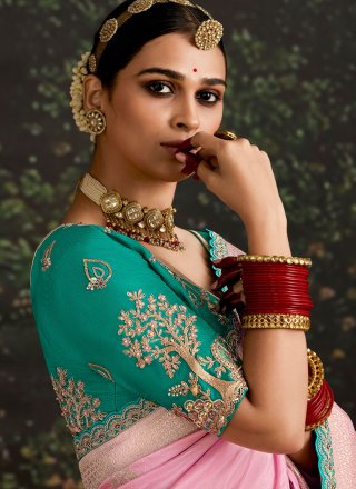 Pink Pure Dola Contemporary Sari with Patch Border, Embroidered, Sequins and Zari Work for Ceremonial