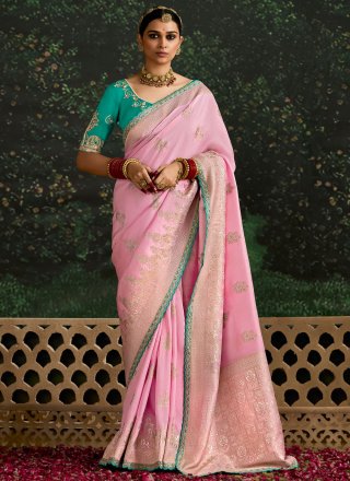 Pink Pure Dola Contemporary Sari with Patch Border, Embroidered, Sequins and Zari Work for Ceremonial