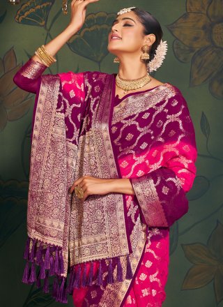 Pink Pure Georgette Weaving Work Designer Saree for Ceremonial