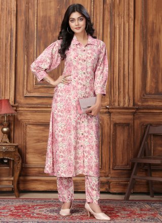 Pink Rayon Buttons and Floral Patch Work Casual Kurti for Casual