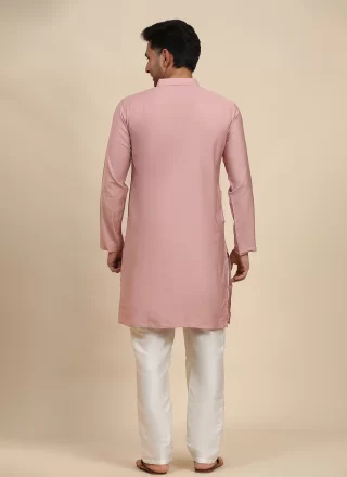 Pink Rayon Buttons and Plain Work Kurta Pyjama for Men