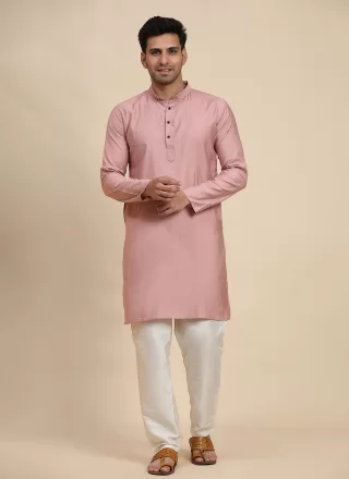 Pink Rayon Buttons and Plain Work Kurta Pyjama for Men
