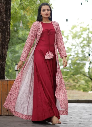 Pink Rayon  Designer Gown with Print Work for Women