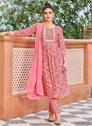 Pink Rayon Digital Print and Embroidered Work Trendy Suit for Women