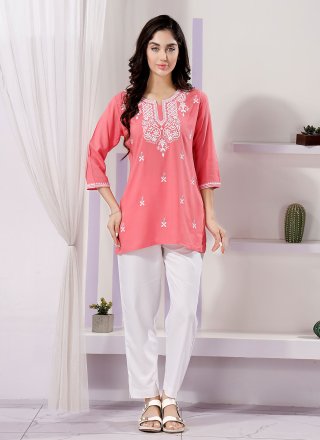 Pink Rayon Embroidered Work Designer Kurti for Women