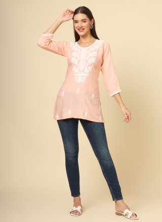 Pink Rayon Party Wear Kurti with Chikankari, Embroidered and Thread Work for Casual