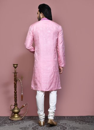 Pink Resham and Woven Work Art Silk Kurta Pyjama