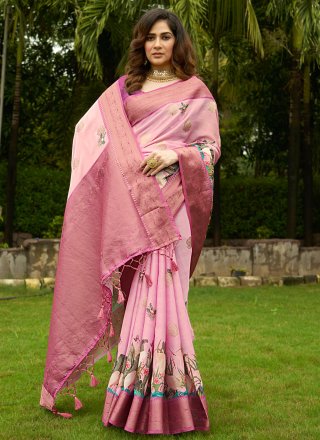 Pink Satin Digital Print and Weaving Work Classic Sari for Ceremonial