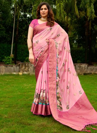 Pink Satin Digital Print and Weaving Work Classic Sari for Ceremonial