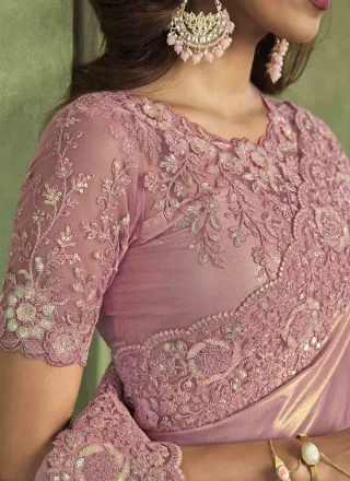 Pink Satin Patch Border, Embroidered and Sequins Work Contemporary Sari