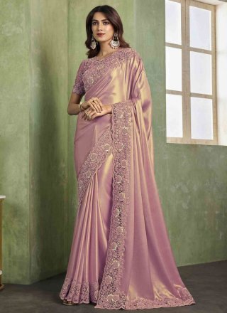 Pink Satin Patch Border, Embroidered and Sequins Work Contemporary Sari