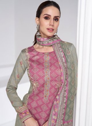 Pink Satin Salwar Suit with Digital Print Work for Ceremonial