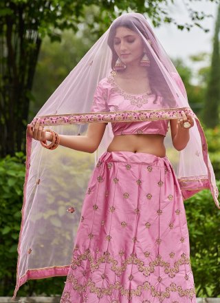 Pink Satin Silk Embroidered Work A - Line Lehenga Choli for Casual
