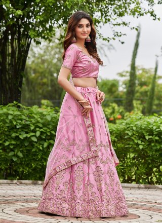 Pink Satin Silk Embroidered Work A - Line Lehenga Choli for Casual