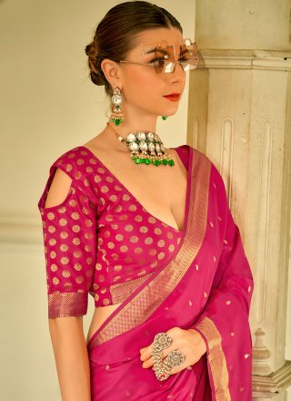 Pink Satin Silk Weaving and Zari Work Designer Sari