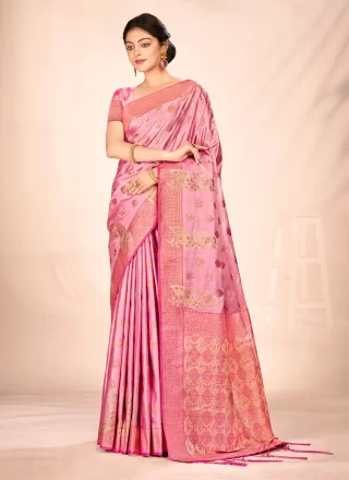 Pink Satin Silk Weaving Work Designer Sari for Ceremonial