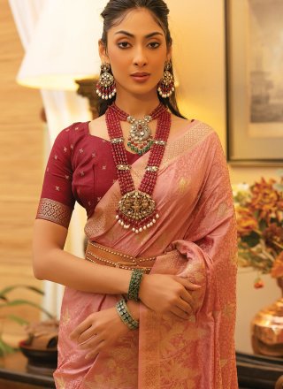 Pink Satin Woven Work Contemporary Saree for Ceremonial