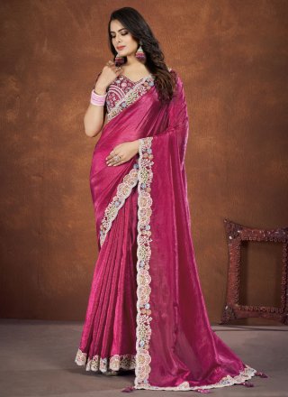 Pink Sequins, Stone and Thread Work Banarasi Silk Contemporary Saree