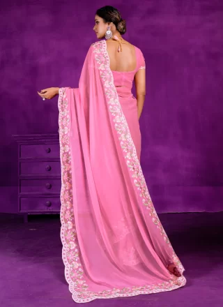 Pink Shimmer Embroidered Work Trendy Saree for Women
