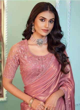 Pink Shimmer Georgette Patch Border Work Trendy Saree for Women