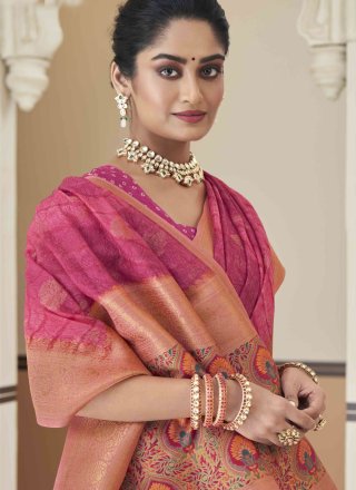 Pink Silk Bandhej and Woven Work Classic Sari for Ceremonial
